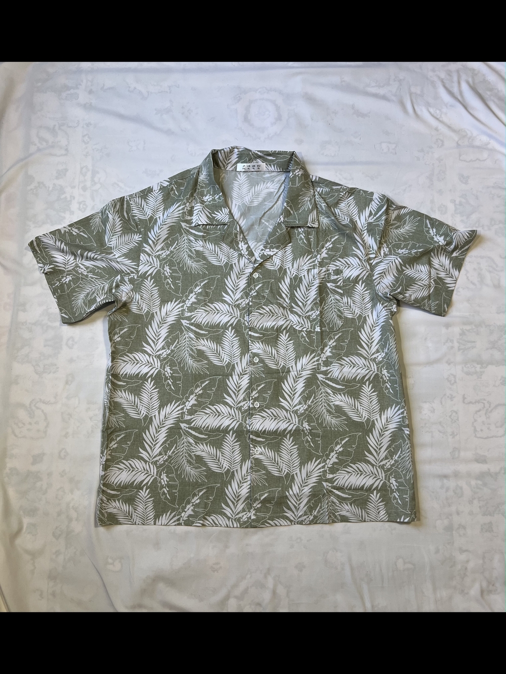 Mens XL Tropical Palm Leaf Print Camp Collar Short Sleeve Button Up Shirt Green